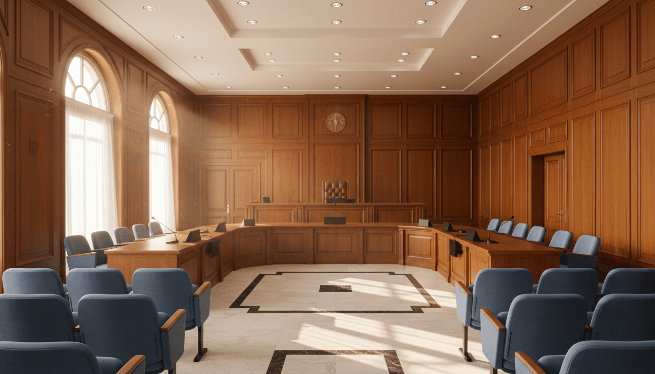 Modern courtroom in Buenos Aires with judge's bench and seating, conveying legal professionalism.