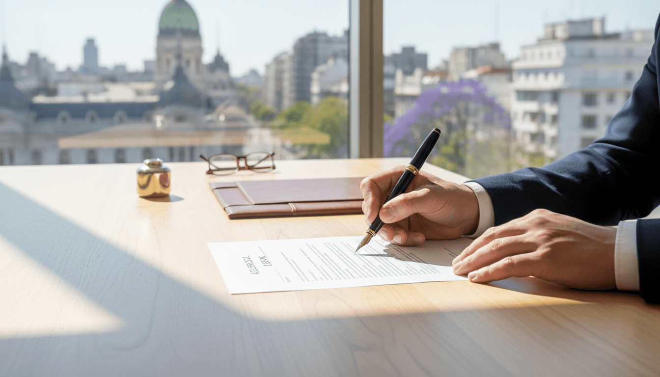Abogado de sucesiones firmando documentación legal en un estudio jurídico en Buenos Aires
