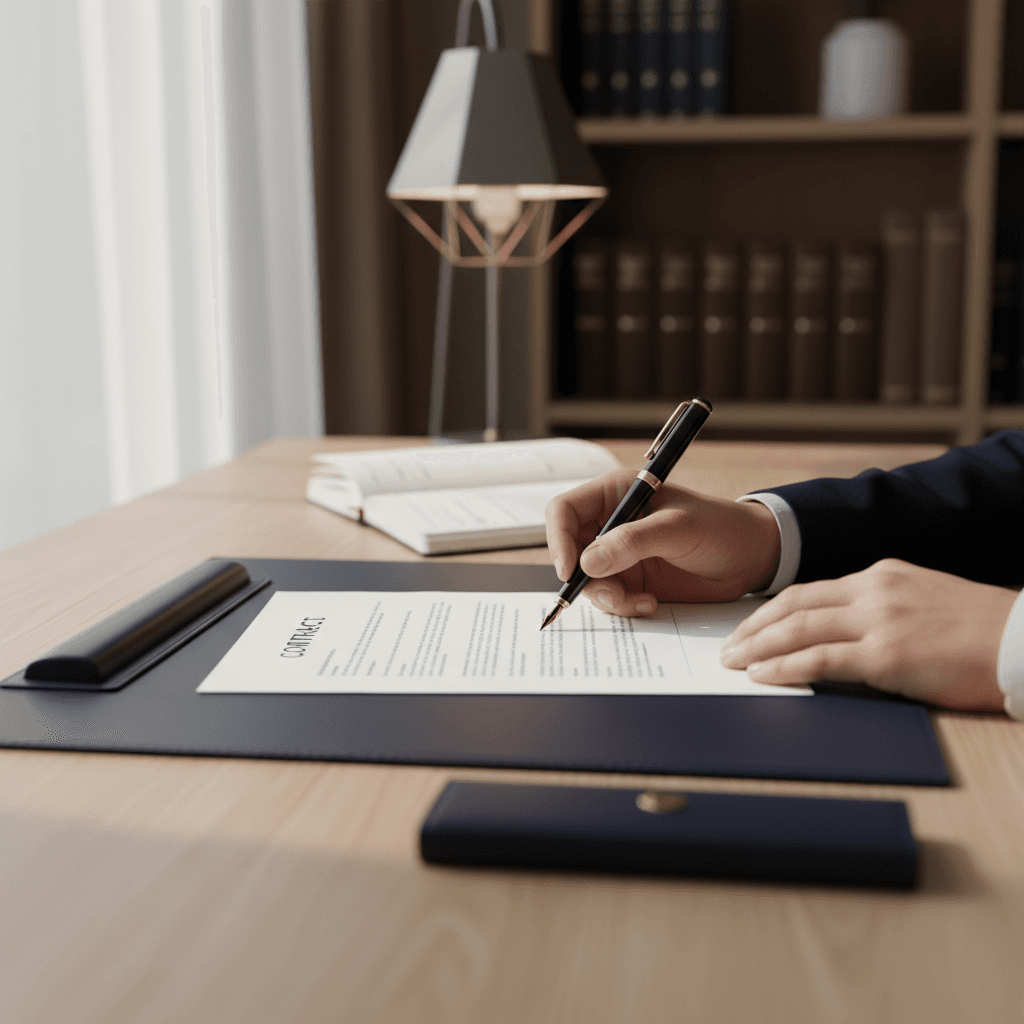 Close-up of lawyer's hands reviewing and annotating legal contracts with fountain pen at wooden desk
