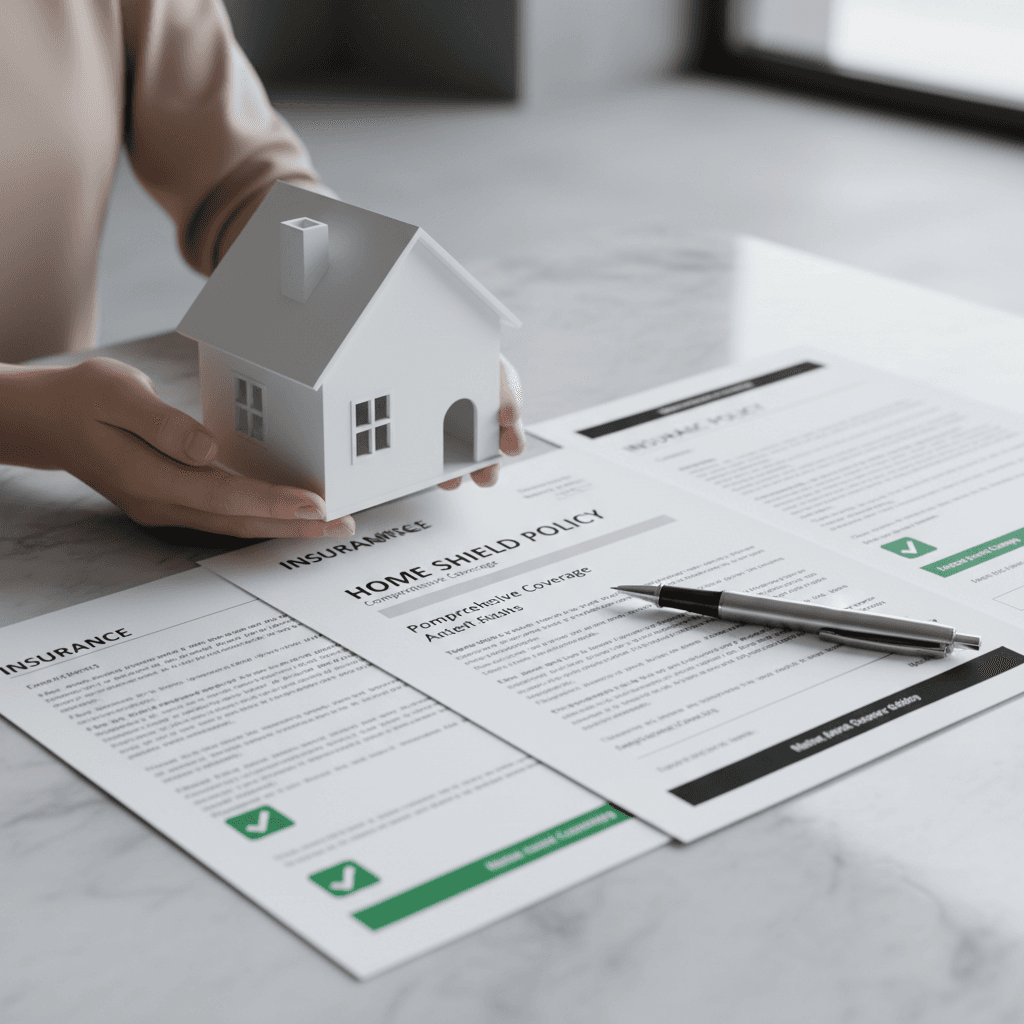 Hands holding home model with insurance policy documents on marble surface in natural light