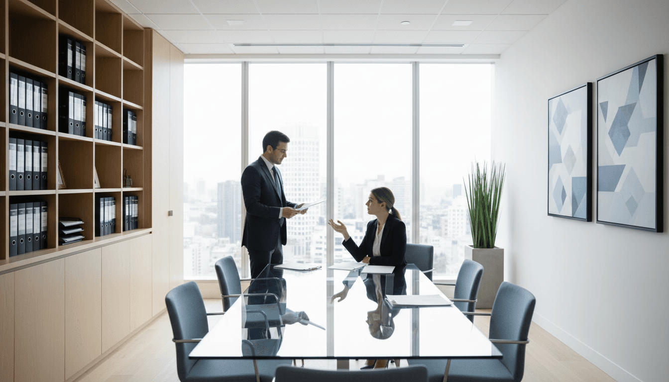 Abogado especializado en sucesiones atendiendo a cliente en oficina profesional