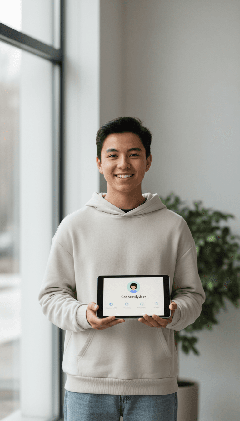 Confident diverse teenager holding tablet displaying platform profile with friend connection icons and customized avatar