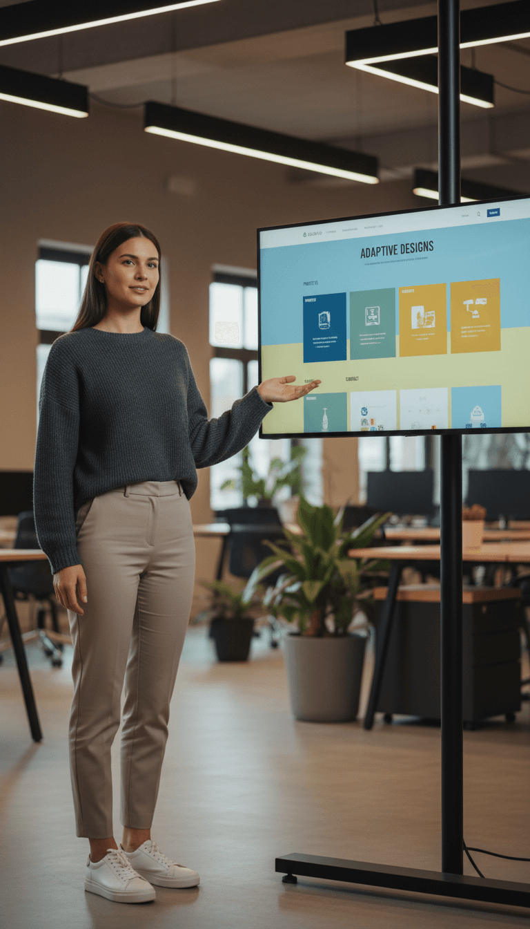 Female web developer standing confidently presenting completed responsive website design on large monitor