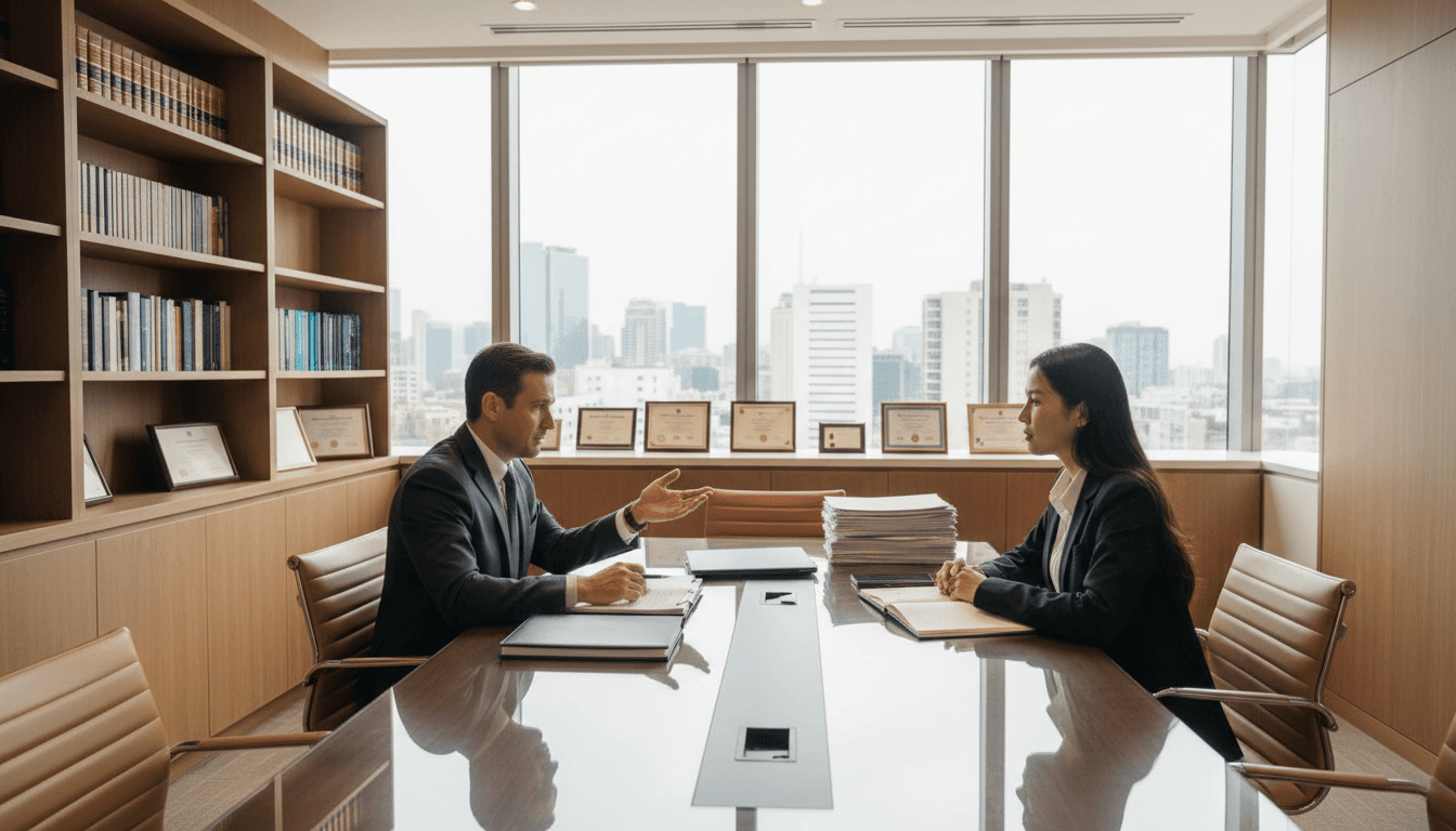 Attorney consulting with client in modern conference room, explaining legal strategy and case options at polished table