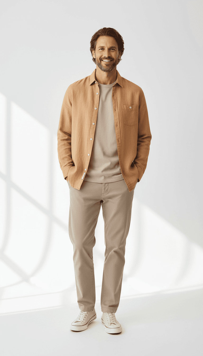 Full-length portrait of man wearing sand-colored linen shirt, neutral base layer, chinos, and canvas sneakers in relaxed casual style