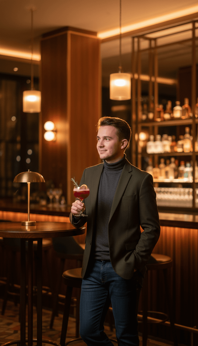 Young professional standing at bar counter holding mocktail in upscale warm-lit evening venue interior