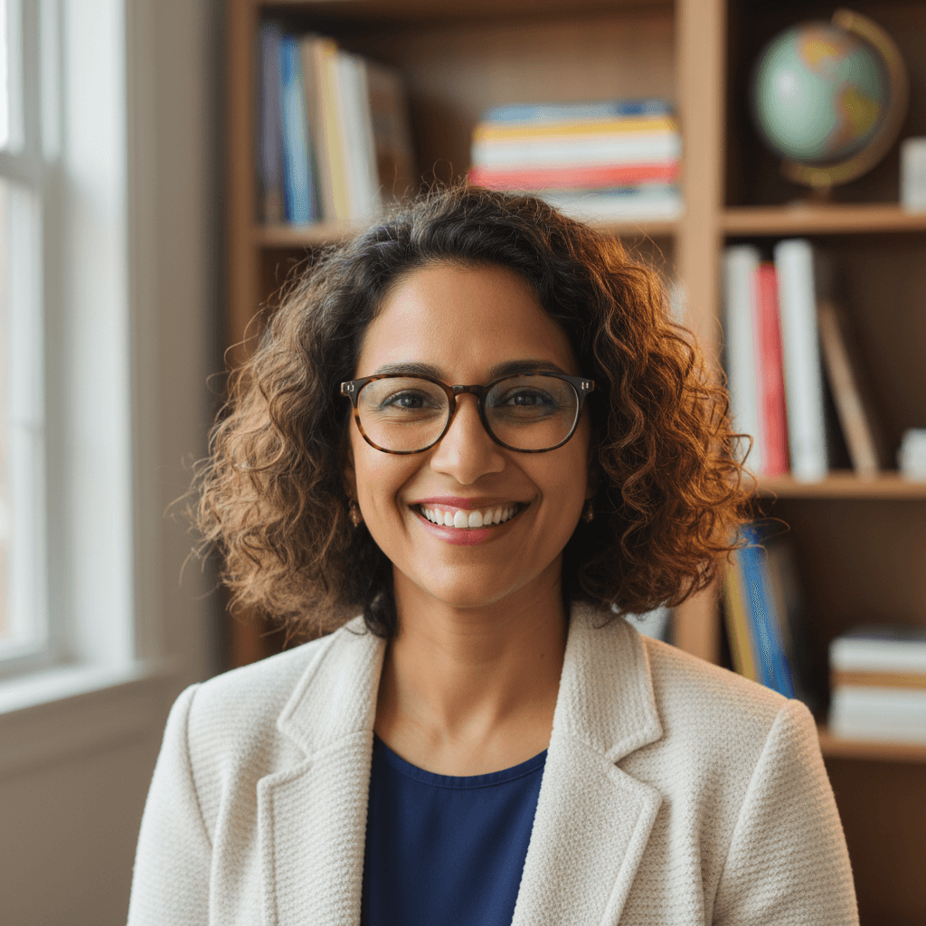 Confident female instructor portrait with warm smile, eyeglasses, and softly blurred home office bookshelf background
