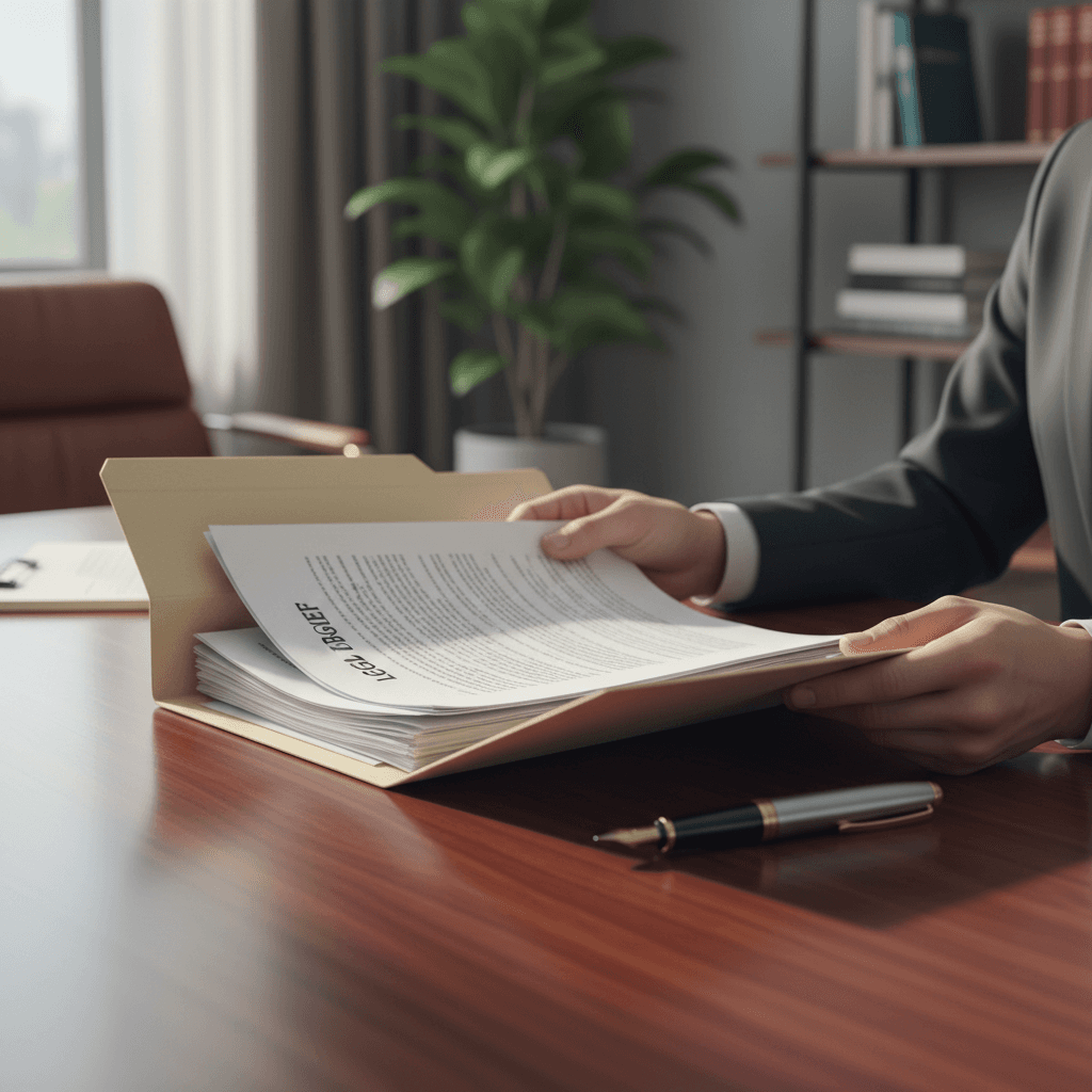 Attorney's hands reviewing legal documents on wooden desk in natural light, demonstrating careful document review process.