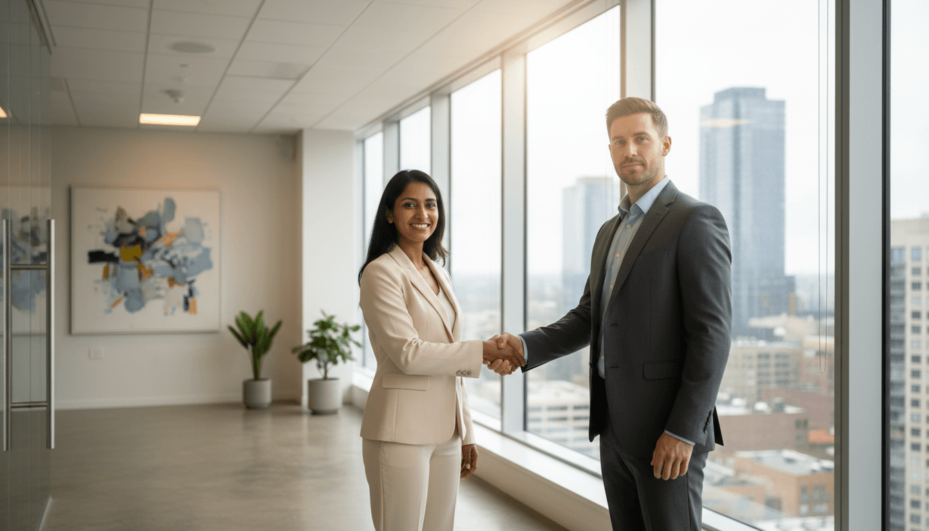 Client and attorney shaking hands in modern office, signifying successful legal consultation and agreement