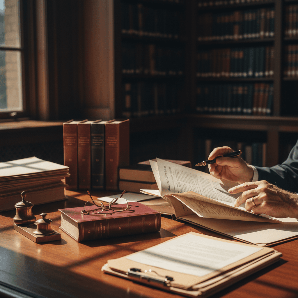Attorney's hands reviewing legal documents and case files at mahogany desk with law books and glasses visible