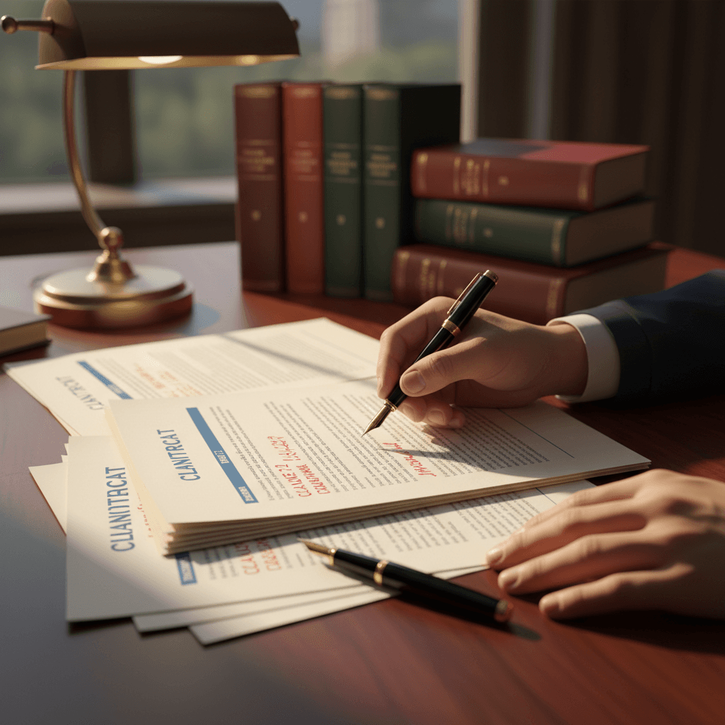 Attorney's hands reviewing and annotating legal contracts on a wooden desk with natural lighting